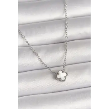 316L Çelik Gümüş Renk Beyaz Yonca Model Kadın Kolye