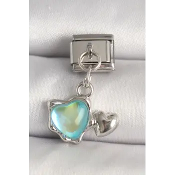 316L Çelik Gümüş Renk Mavi Mineli Kalp Model Charm