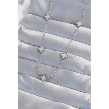 316L Çelik Gümüş Renk Minimal Beyaz Sedefli Yonca Kolye