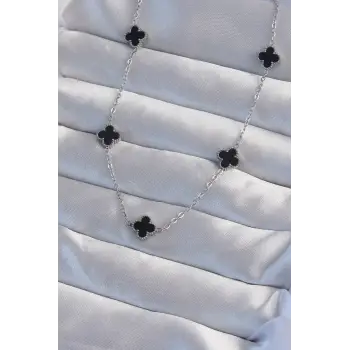 316L Çelik Gümüş Renk Minimal Siyah Mineli Yonca Kolye