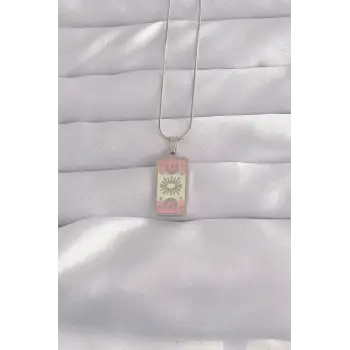316L Çelik Gümüş Renk Pembe Mineli Ay Figür Tarot Kolye