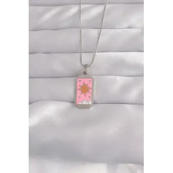 316L Çelik Gümüş Renk Pembe Mineli Güneş Model Tarot Kolye