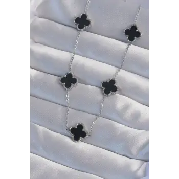 316L Çelik Gümüş Renk Siyah Mineli Yonca Kolye