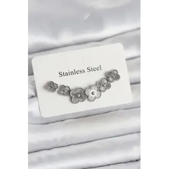 316L Çelik Gümüş Renk Yonca Küpe Seti