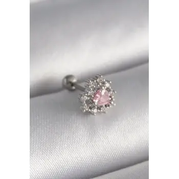 316L Çelik Gümüş Renk Zirkon Taşlı Kalp Tragus Piercing