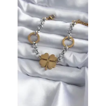 316L Çelik Mix Renk Zincir Model Yonca Figür Kadın Bileklik