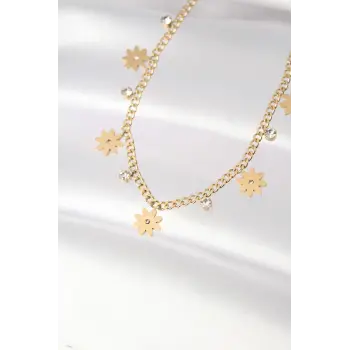 316L Çelik Taşlı Gold Renk Çoklu Çiçek Kolye