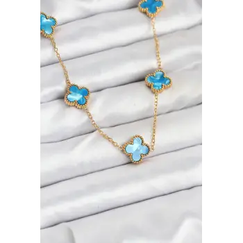 316L Çelik Zincir Gold Buz Mavisi Renk Yonca Kolye
