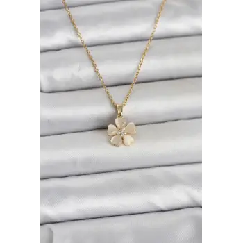 316L Çelik Zincir Gold Renk Yonca Model Kadın Kolye