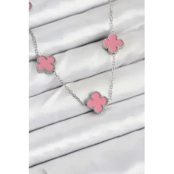 316L Çelik Zincir Gümüş Pembe Renk Yonca Kadın Kolye
