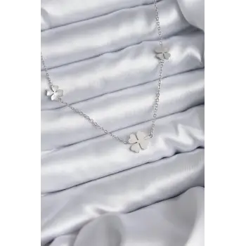 316L Çelik Zincir Gümüş Renk Yonca Model Kadın Kolye