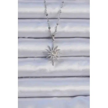 316L Çelik Zincir Gümüş Renk Zirkon Taşlı Kutup Yıldızı Kolye