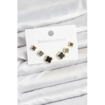 316L Çelik Zirkon Taşlı Yonca Model Kadın Küpe Seti