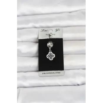 316L Cerrahi Çelik Zirkon Taşlı Sallantılı Yonca Model Göbek Piercing