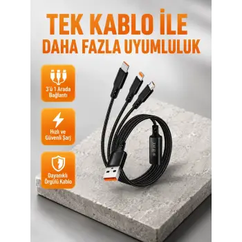 3’ü 1 Arada Şarj Kablosu Type-C iOS Android Uyumlu Hızlı ve Güvenli Şarj