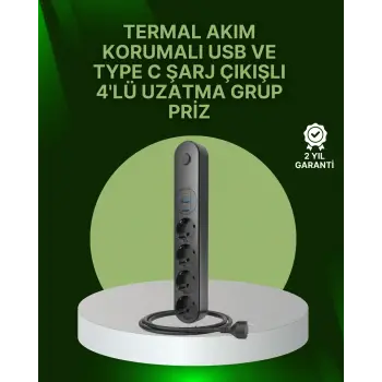 4 Priz 2 USB 1 Type-C Akım Korumalı Çoklu Priz Led Anahtarlı
