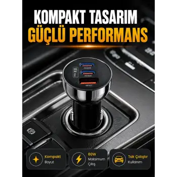 60W Araç İçi Hızlı Şarj Adaptörü Çift USB-C PD ve USB-A QC3.0