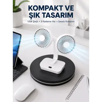 720° Döner Çift Taraflı Masaüstü Vantilatör – USB Şarjlı Sessiz Fan