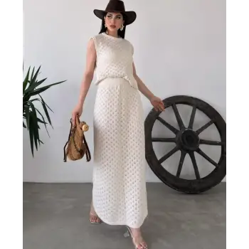 Alt Üst Takım- Bluz & Etek Triko - Krem