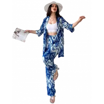 Alt Üst Takım Kimono- Desenli-Mavi