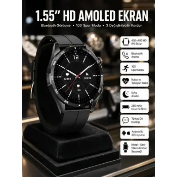 Amoled Ekran 3 Kordonlu Akıllı Saat 5.0 Bluetooth Bağlantılı Android ve İOS Uyumlu