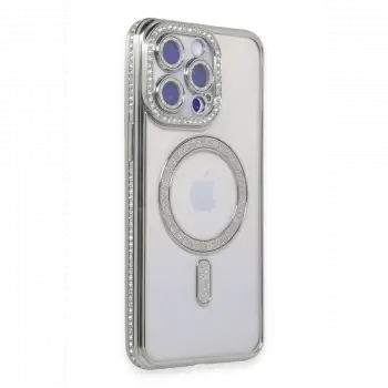 Apple iPhone 15 Pro Max Kılıf Joke Simli Magneticsafe Kılıf - Gümüş