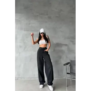 Arkadan tokalı jeans pantolon Siyah