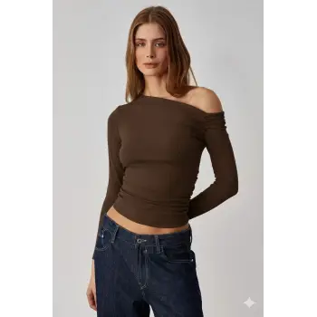 Asimetrik yaka bluz kahve pt