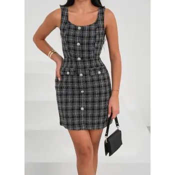 Askılı ch kumaş düğmeli elbise siyahbeyaz h265007