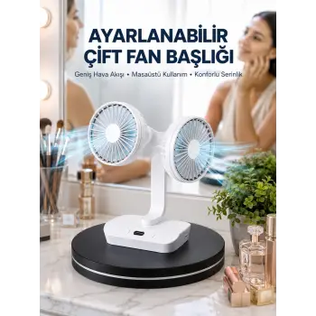 Ayarlanabilir Hızlı Çift Başlıklı Masaüstü Fan – Gece Lambalı Serinletici
