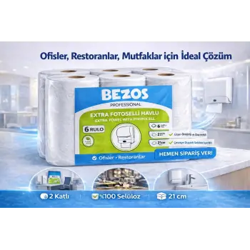 Bezos Professional Fotoselli Havlu 6 Rulo – 2 Katlı %100 Selüloz 21 cm Endüstriyel Kağıt Havlu