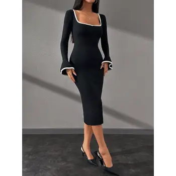 Biyeli midi boy elbise siyah A3718