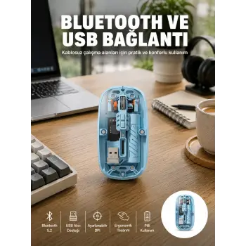 Bluetooth 5.2 Destekli Mavi Pilli Kablosuz Mouse Yeni Nesil