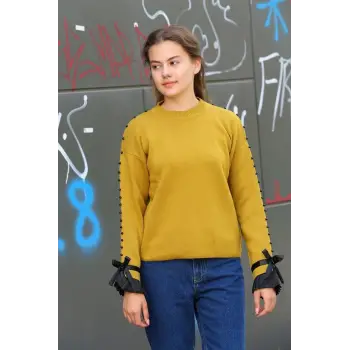 Boncuklu bile detaylı kazak hardal