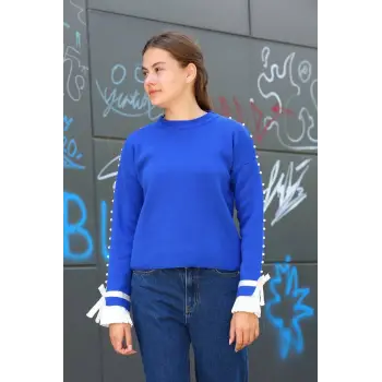 Boncuklu bile detaylı kazak saks mavisi