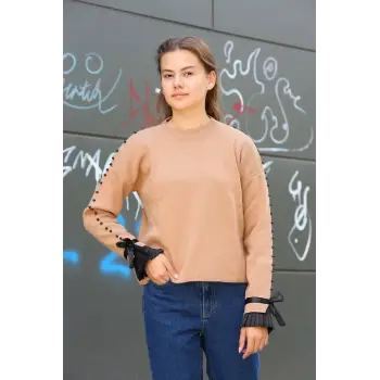 Boncuklu bile detaylı kazak vizon