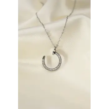 Çelik Silver Renk Zirkon Taşlı Çivi Model Kadın Kolye