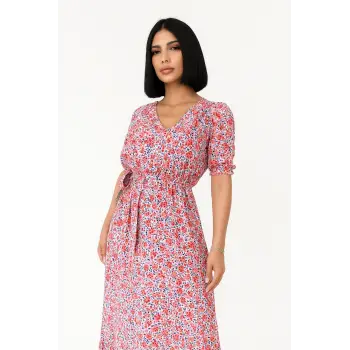 Çiçek Desenli  Yırtmaçlı Elbise - PEMBE