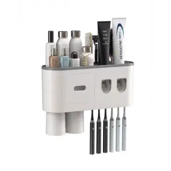 Çift Dispenserli Diş Macunu Sıkacağı 6 Fırçalık Bardaklı Banyo Organizer