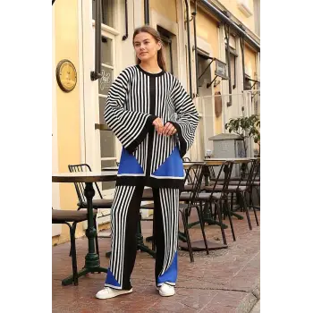 Çizgili bisiklet yaka triko takım siyah