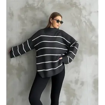 Çizgili ispanyol kol triko boğazlı kazak antrasit elf