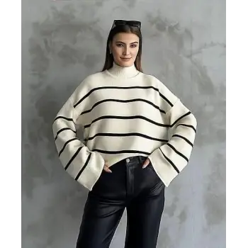 Çizgili ispanyol kol triko boğazlı kazak beyaz elf