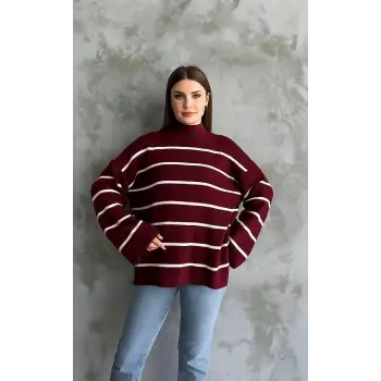 Çizgili ispanyol kol triko boğazlı kazak bordo elf