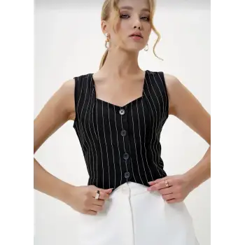Çizgili krep düğmeli yelek siyah s3395