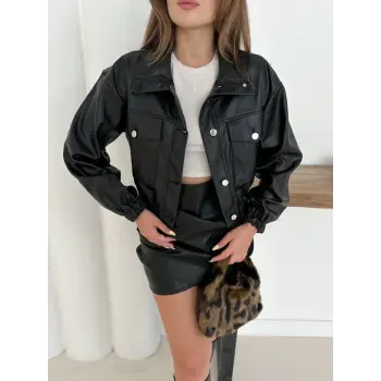 Crop bomber deri ceket siyah st2551985