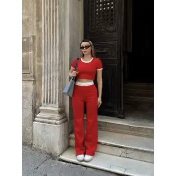 Crop pantolon biyeli takım kırmızı