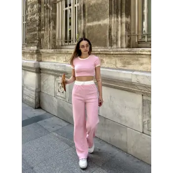 Crop pantolon biyeli takım pembe