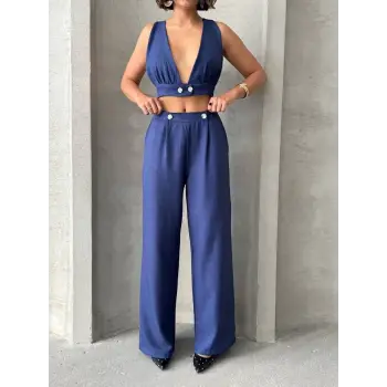 Crop pantolon keten takım s255012