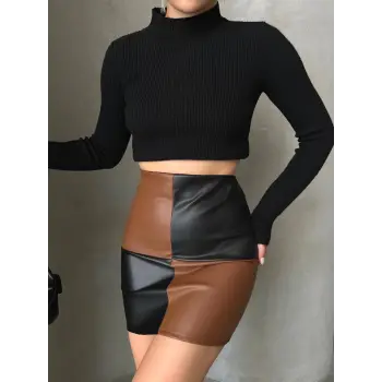 Damalı deri etek siyah kahve w24648