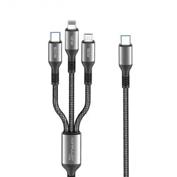DC62 3in1 Type-C to 60W Type-C / 12W Lightning / 15W Micro 1.2M Hızlı Şarj Kablo - Siyah